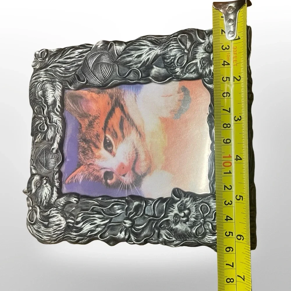 Vintage Pewter Ornate Cat Kitten Picture Frame 3D Relief Yarn Bows  cottage cute
